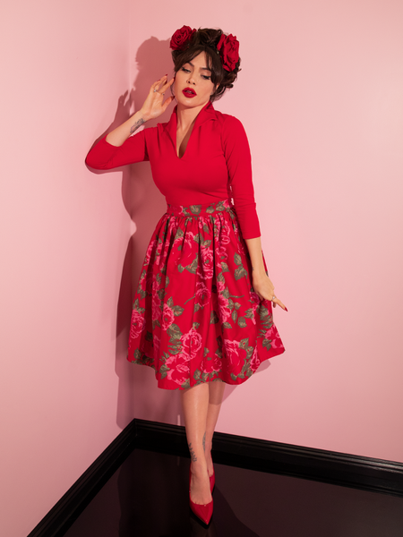 Vixen Swing Skirt in Vintage Red Rose Print - Vixen by Micheline Pitt