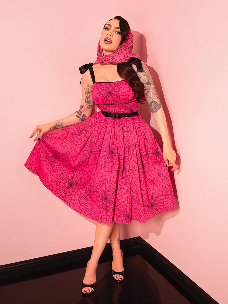 1950s Swing Sundress and Scarf in Hot Pink Spider Web Print - Vixen by Micheline Pitt