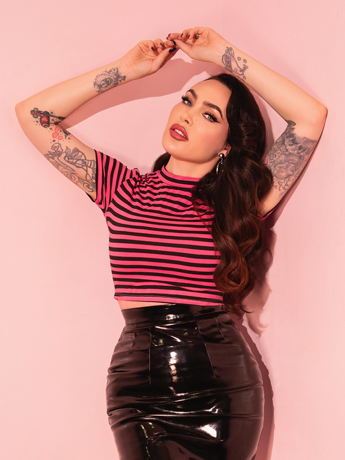 PRE-ORDER - Bad Girl Crop Top in Pink and Black Stripes - Vixen by Micheline Pitt