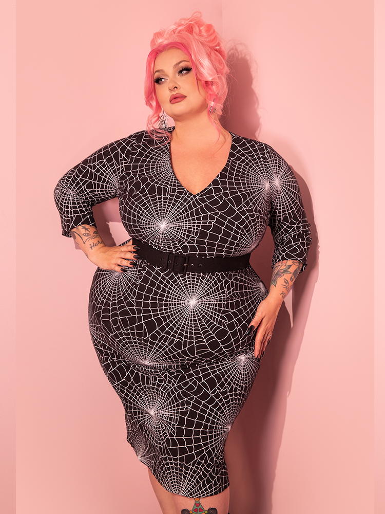 Deadly Wiggle Dress in Vintage Spider Web Print - Vixen by Micheline Pitt