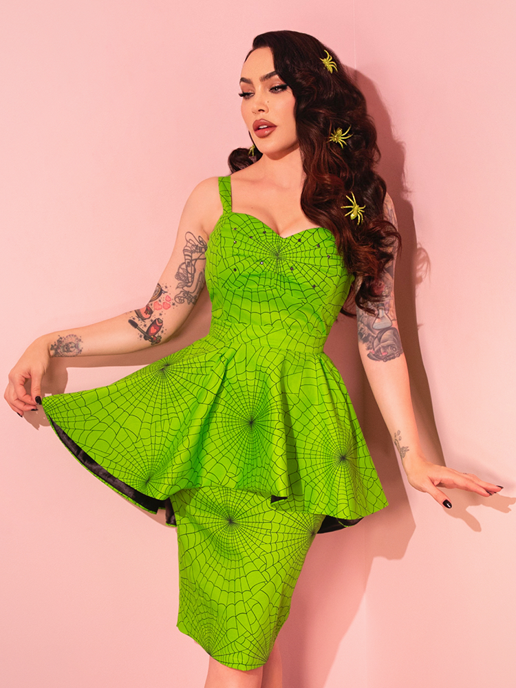 Glamour Girl Peplum Dress in Slime Green and Black Spiderweb Vintage Vixen by Micheline Pitt