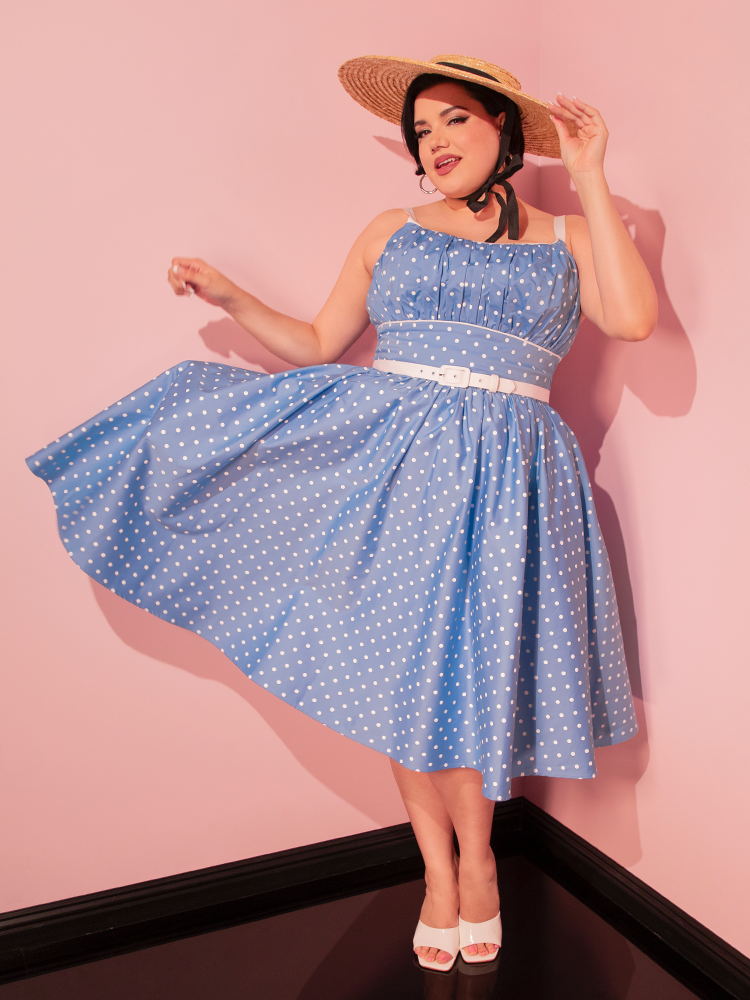 Channel old Hollywood glamour with the Ingenue Swing Dress in Light Blue with White Polka Dots, a vintage dress that exudes timeless charm.