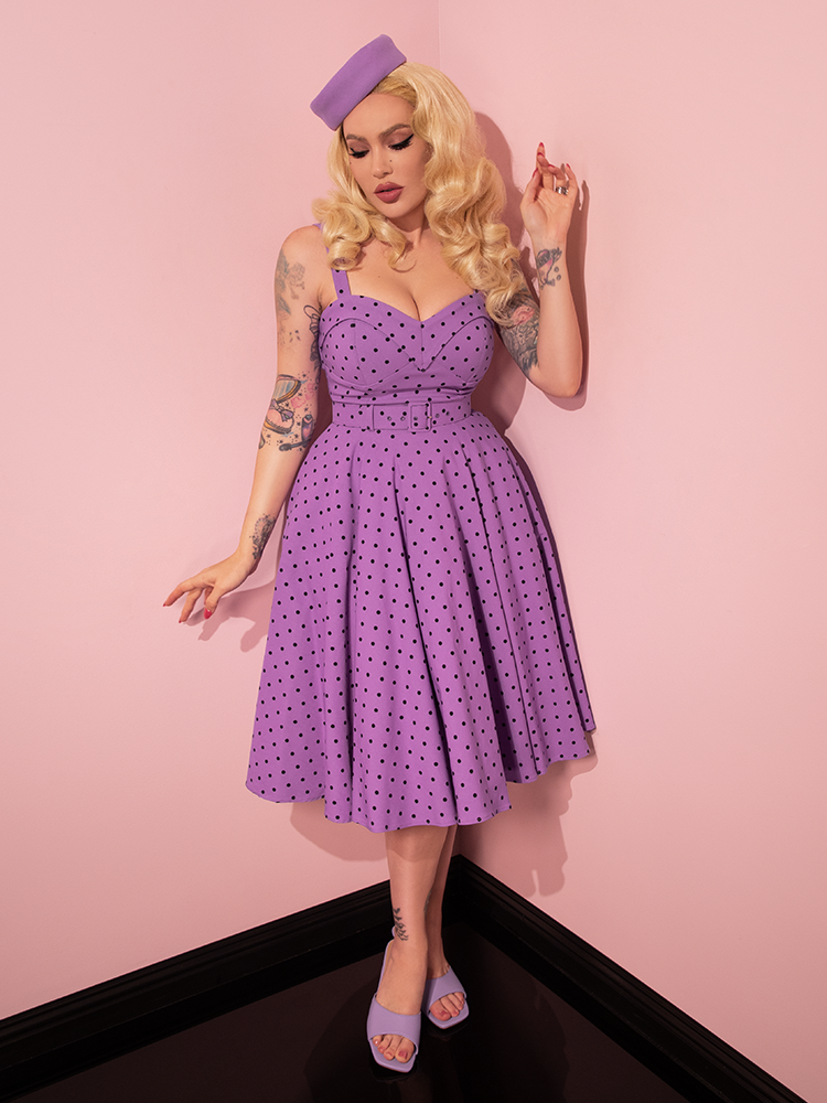 COMING BACK SOON - Maneater Swing Dress in Sunset Purple Polka Dot - Vixen by Micheline Pitt