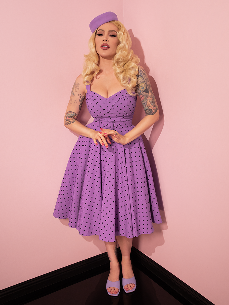 COMING BACK SOON - Maneater Swing Dress in Sunset Purple Polka Dot - Vixen by Micheline Pitt