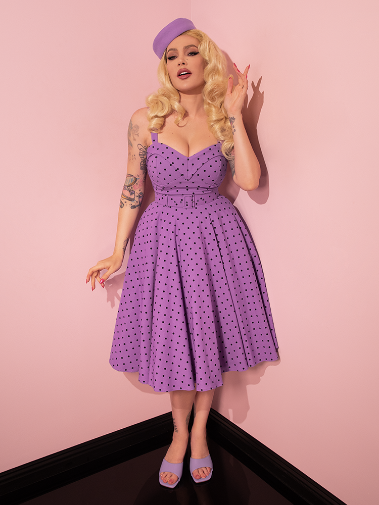 COMING BACK SOON - Maneater Swing Dress in Sunset Purple Polka Dot - Vixen by Micheline Pitt