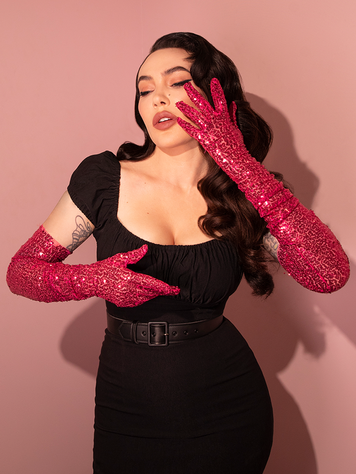 FINAL SALE - Full-Length Opera Gloves in Hot Pink Sequins