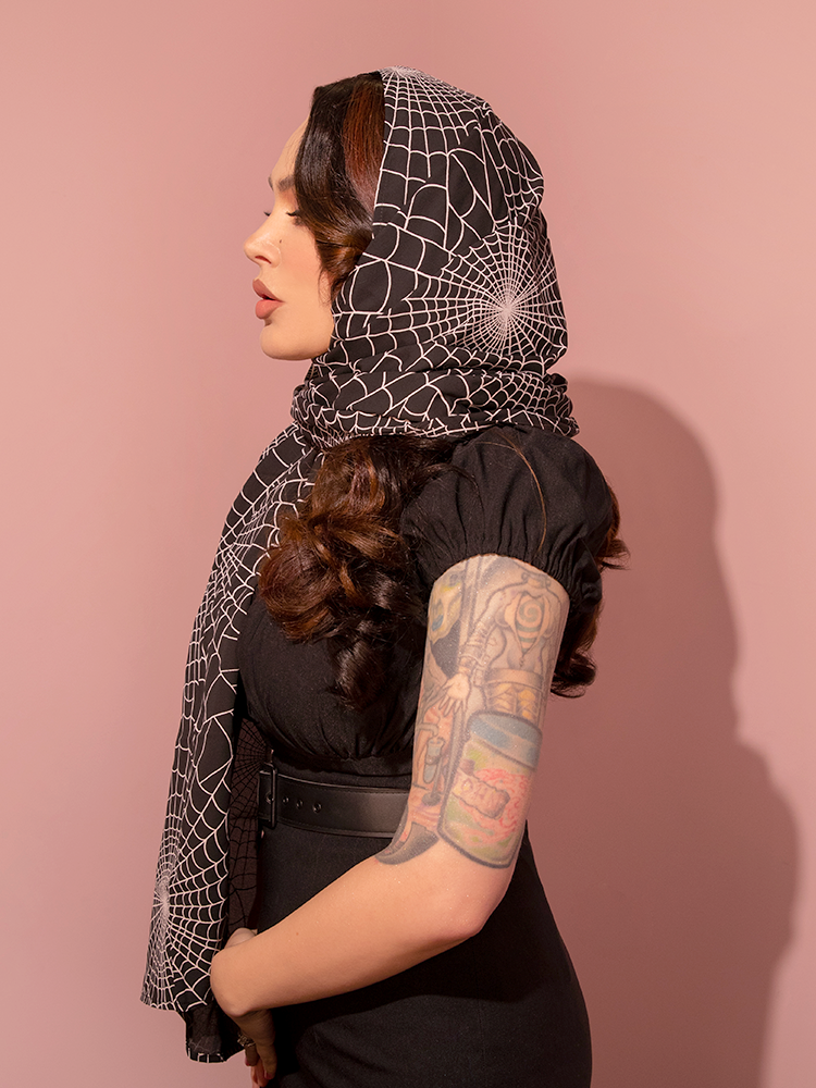 1950s Inspired Chiffon Scarf in Black Spider Web Print - Vixen by Micheline Pitt