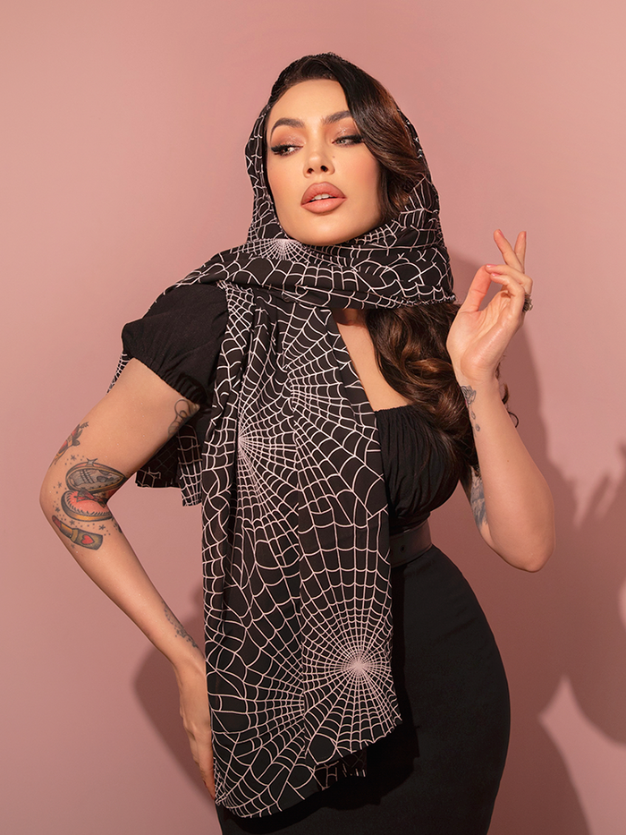 1950s Inspired Chiffon Scarf in Black Spider Web Print - Vixen by Micheline Pitt