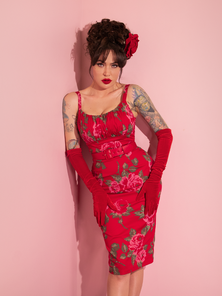 Ingenue Wiggle Dress In Vintage Red Rose Print Retro Dress Vixen By